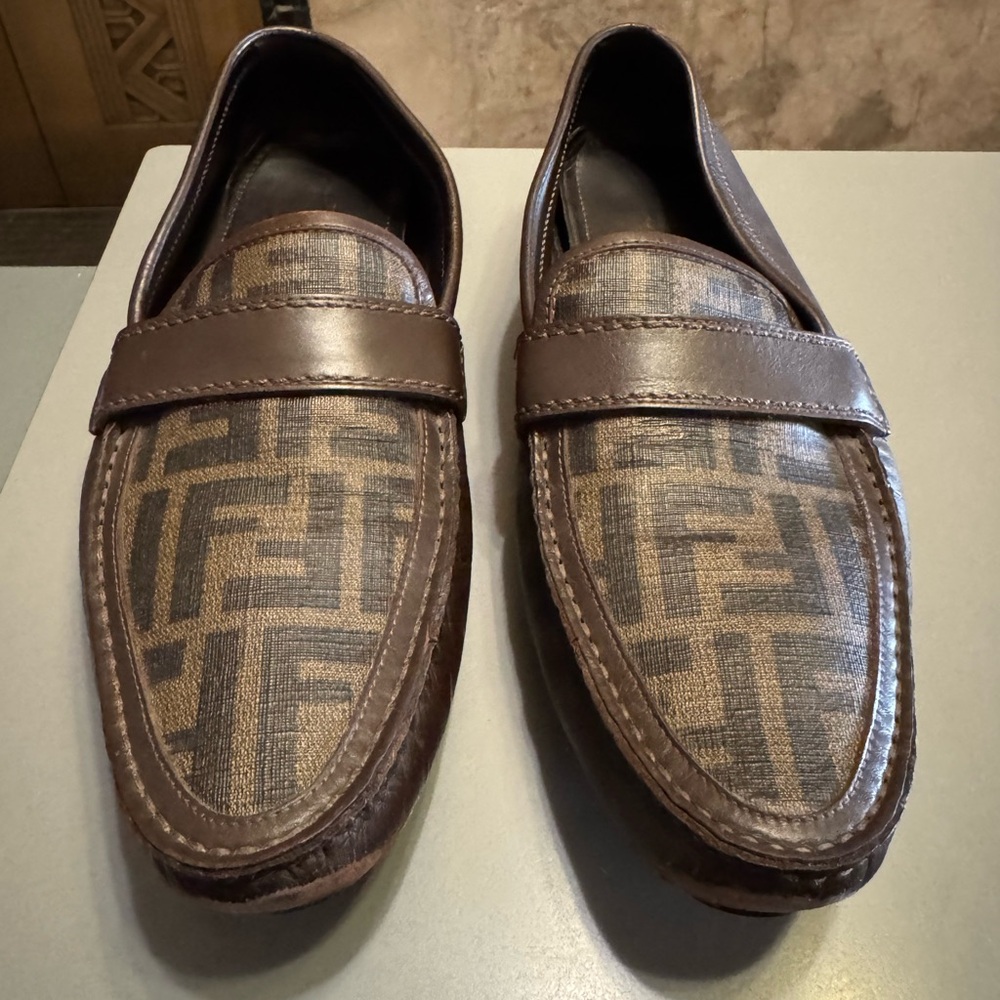 Brown Leather Slip-On Loafers with Geometric Pattern
